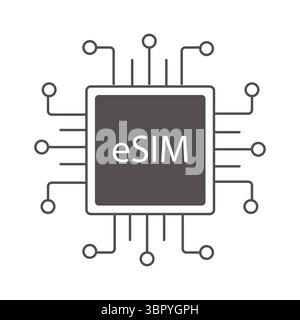 Esim icon wireless cyberspace line chip. Circuit card for device. Minimal sim card, electronic. Esim card. Vector illustration Stock Vector