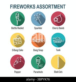 Fireworks with Independence Day Icon Set Stock Vector