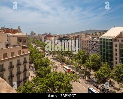 View from the roof of Casa Milà (La Pedrera) looking down onto the tree-lined Passeig de Gràcia and its beautiful buildings, Barcelona, Spain. Stock Photo