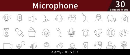Microphone Editable Line Icons Set for Audio Recording, Podcasting, and Voice Communication Tools Stock Vector