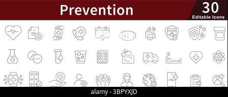 Prevention Editable Line Icons Set for Health, Safety, Risk Control, and Protective Measures Stock Vector