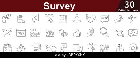 Survey Editable Line Icons Set for Feedback Forms, Polls, User Ratings, and Research Analytics Stock Vector