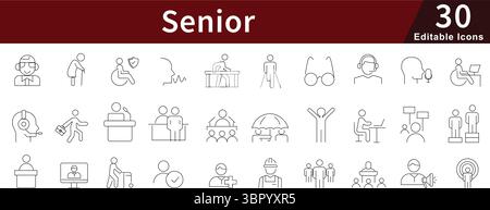 Senior Editable Line Icons Set for Elderly Care, Retirement, and Aging Support Services Stock Vector