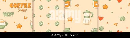 A set of kawaii seamless patterns for a coffee-themed drawn in pastel colors. Includes geyser coffeemaker, jam, star and two texts. Stock Vector