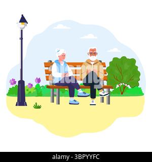 Vector illustration Retirement leisure. Elderly man and woman sitting on bench in park. Old people outdoors activity. Retired people pastime and healt Stock Vector