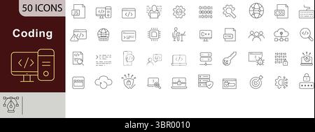 Programming Coding Editable Line Icons Set for Software Development and Developer Tools Stock Vector
