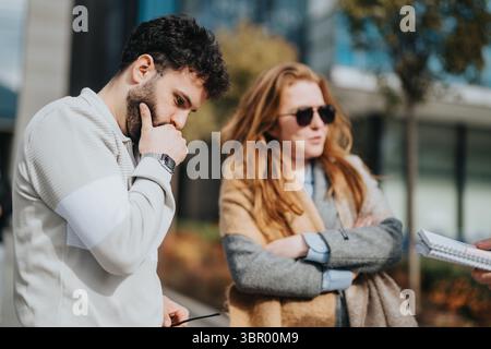 Discussion between two individuals outdoors, showcasing a reflective and pensive moment Stock Photo