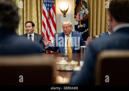 President Donald J. Trump speaks during a Cabinet meeting, seated beside Secretary of State Marco Rubio. The meeting takes place in a formal setting featuring U.S. flags, golden drapes, and the presidential seal, with officials partially visible in the foreground. White House, Washington, D.C., on July 8, 2025. Image courtesy of the White House. Stock Photo
