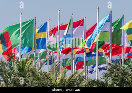 Many world's countries national flags waving on the wind Stock Photo