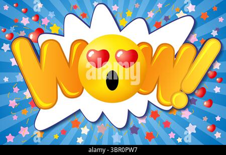 Social media greeting card with wow reaction. Isolated emoji icon in festive backdrop. Messenger icon concept. Speaking cloud with creative typography Stock Vector