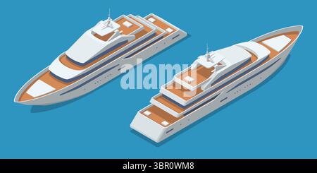 Two big sleek, modern Isometric yachts gracefully float on a calm blue surface, showcasing luxury and leisure on the open water. Stock Vector