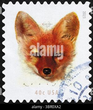 Red fox portrait on american postage stamp Stock Photo