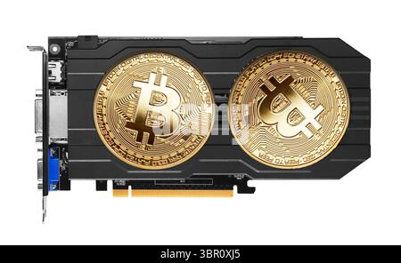 Golden Bitcoin on a graphics card isolated on white background Stock Photo