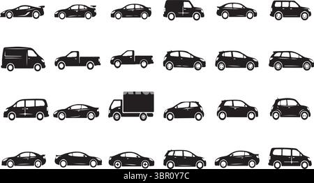 A diverse collection of sleek, isolated black vehicle silhouettes, including cars, trucks, vans, and SUVs, presented in various angles for automotive Stock Vector
