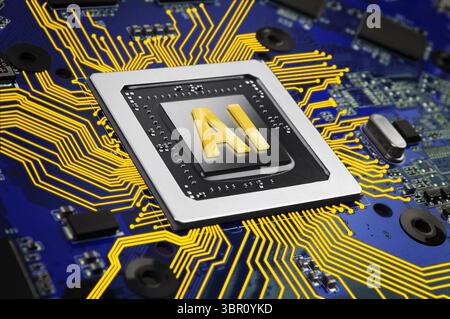 Electronic circuit board with AI processor, close up Stock Photo