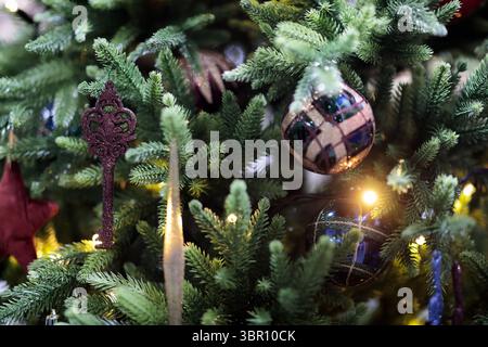 Close up of ornamented Christmas tree. Selective focus. Stock Photo