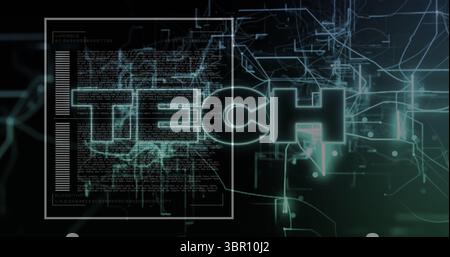 Displaying glowing TECH text floating in virtual interface, with neon circuit lines and code window. Futuristic, digital, technology, interface, cyber Stock Photo