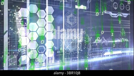 Displaying layered HUD interface overlaying city skyline in control room, with binary code streams. Futuristic, digital, immersive, technology, interf Stock Photo