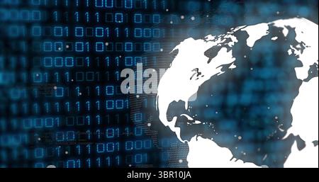 Displaying white stylized globe showing dot network over blue binary code in cyberspace, copy space. Technology, innovation, connectivity, cyberspace, Stock Photo