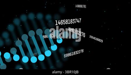 Displaying stylized DNA strand moving diagonally in data space, with floating numeric sequences. Biotech, innovation, futuristic, science, digital, te Stock Photo