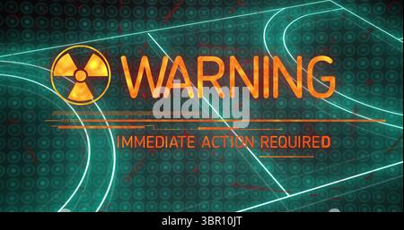 Displaying radioactive symbol WARNING and IMMEDIATE ACTION REQUIRED in console neon grid scan bars. Futuristic, cybersecurity, technology, alert, digi Stock Photo