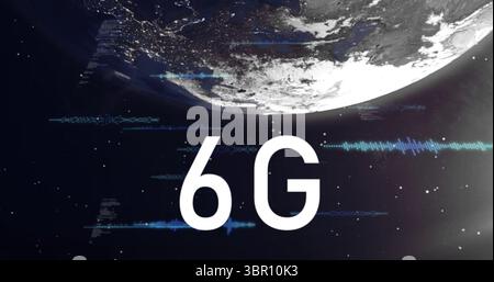 Displaying 6G text floating above Earth in outer space, with glowing code and waveform streams. Futuristic, technology, cyberspace, digital, innovatio Stock Photo