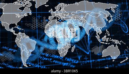 Displaying white-lined world map over glowing blue DNA helix in dark blue grid, hexagonal overlays. Geography, biotechnology, science, innovation, dig Stock Photo