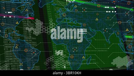 Green tech screen displaying world map on control panel, showing hex clusters and warning triangles. Digital, interface, futuristic, cybersecurity, da Stock Photo