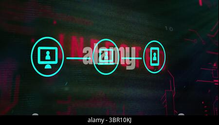 Displaying three cyan device icons linking on glitch backdrop, with red text and circuit patterns. Technology, innovation, connectivity, digital, futu Stock Photo