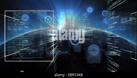 Displaying central holographic panel streaming code in cyberspace tunnel, with glowing nodes. Futuristic, digital, immersive, high-tech, abstract, inn Stock Photo