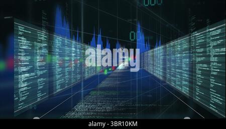 Extending data corridor receding in virtual tunnel, with code panels, candlestick bars, waveforms. Digital, futuristic, technology, data visualization Stock Photo