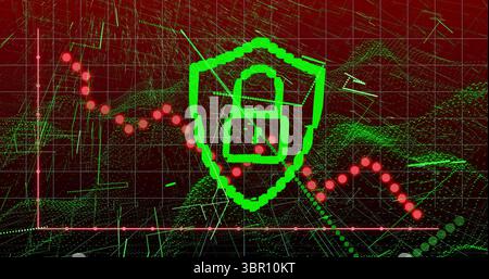 Displaying neon green shield enclosing lock icon in cyber grid, with red data line, mesh waveforms. Cybersecurity, protection, digital, futuristic, ne Stock Photo