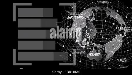 Displaying digital globe showing Eastern hemisphere on tech display, with floating numeric codes. Technology, data visualization, virtual interface, n Stock Photo