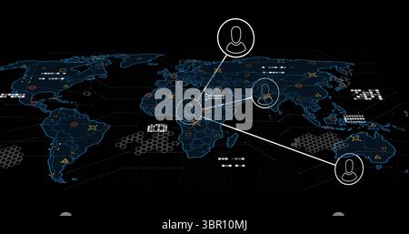 Displaying glowing digital world map with data icons on data dashboard, with user icon connections. Futuristic, technology, connectivity, cybersecurit Stock Photo
