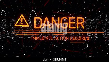 Flashing warning on screen, triangle icon, DANGER and IMMEDIATE ACTION REQUIRED text, waveform dots. Alert, caution, technology, cybersecurity, hazard Stock Photo