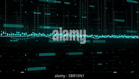 Displaying teal dot and bar series on digital dashboard, with numeric labels and grid lines. Data, visualization, analytics, dashboard, interface, tec Stock Photo