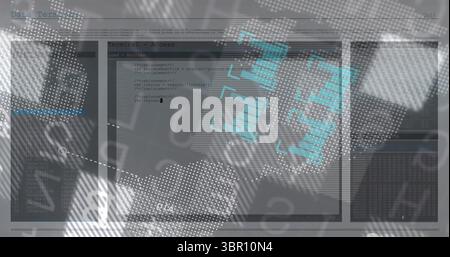 Displaying code terminal window overlaying numeric sequences on screen, with fingerprint graphic. Futuristic, digital, technology, cybersecurity, inte Stock Photo