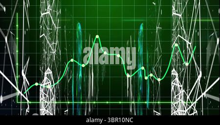 Green line graph fluctuating on dark grid, with circular data points and wireframe meshes. Futuristic, technology, digital, data visualization, networ Stock Photo