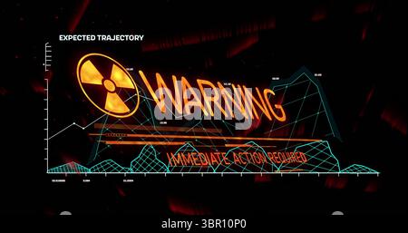 Displaying warning interface on control panel, showing radiation hazard icon and cyan line graph. Futuristic, alert, technology, visualization, data, Stock Photo