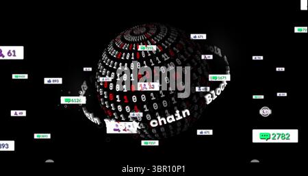 Rotating toroidal sphere showing red-white binary code and block chain in void and orbiting icons. Digital, futuristic, abstract, technology, network, Stock Photo