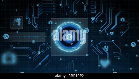 Glowing central holographic interface hovering over blue grid with neon circuitry and medical icons. Futuristic, technology, digital, interface, biote Stock Photo