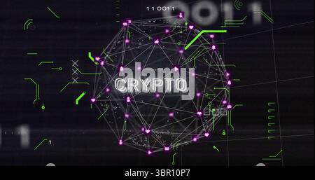 Displaying wireframe Crypto network sphere rotating in tech interface, showing purple social nodes. Futuristic, digital, blockchain, technology, innov Stock Photo