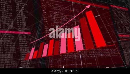 Displaying three-dimensional red and pink bars rising on wireframe grid in data space, code overlay. Analytics, data, technology, innovation, dashboar Stock Photo