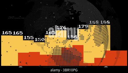 Displaying bar columns fluctuating on screen, with numeric labels, globe motif and dots. Data, visualization, infographics, digital, futuristic, analy Stock Photo