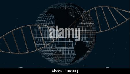 Rotating wireframe globe wrapping around twisting DNA double helix in space motif, navy-blue stars. Futuristic, scientific, technology, innovation, di Stock Photo