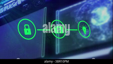 Displaying central green camera icon floating on holographic screens, padlock and light bulb icons. Technology, innovation, cybersecurity, data, virtu Stock Photo