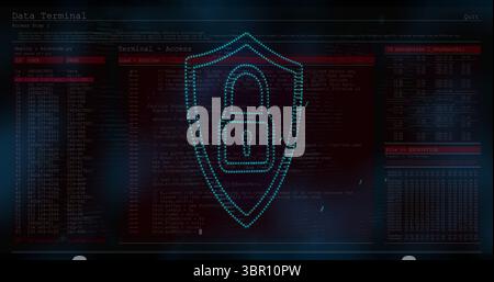 Displaying cyan shield with lock icon in dark interface, showing access prompts and data tables. Cybersecurity, data protection, encryption, digital i Stock Photo