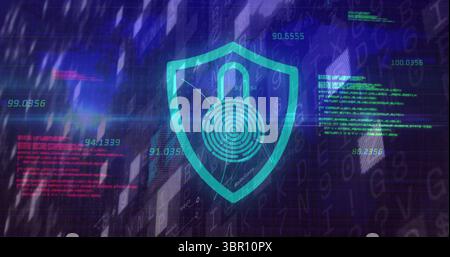 Showing teal shield icon fingerprint lock sitting on UI with floating numbers green red code blocks. Cybersecurity, digital, technology, interface, en Stock Photo