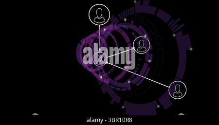 Displaying circular white user icon at data interface, showing purple rings, connecting white lines. Technology, cyberspace, connectivity, data, digit Stock Photo