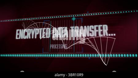 Digital interface display showing encrypted data transfer in dark red environment, with data nodes. Technology, cybersecurity, data, network, security Stock Photo